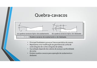 Quebra-cavacos
• Principal finalidade é provocar fratura periódica do cavaco
• Representa uma modificação da geometria da cunha de
corte (ângulos de cunha e ângulos de saída);
• Sua seleção depende dos valores de avanço e profundidade
de corte;
• Existem quebra-cavacos para operação de acabamento e
desbaste.
 