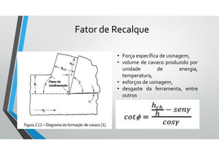 • Força específica de usinagem,
• volume de cavaco produzido por
unidade de energia,
temperatura,
• esforços de usinagem,
• desgaste da ferramenta, entre
outros
Fator de Recalque
 