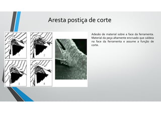 Aresta postiça de corte
Adesão de material sobre a face da ferramenta.
Material da peça altamente encruado que caldeia
na face da ferramenta e assume a função de
corte.
 