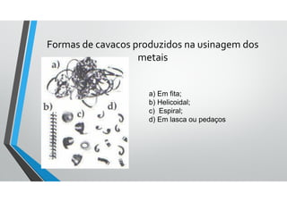 Formas de cavacos produzidos na usinagem dos
metais
a) Em fita;
b) Helicoidal;
c) Espiral;
d) Em lasca ou pedaços
 
