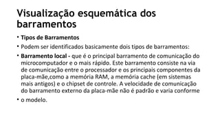 Visualização esquemática dos
barramentos
• Tipos de Barramentos
• Podem ser identificados basicamente dois tipos de barramentos:
• Barramento local - que é o principal barramento de comunicação do
microcomputador e o mais rápido. Este barramento consiste na via
de comunicação entre o processador e os principais componentes da
placa-mãe,como a memória RAM, a memória cache (em sistemas
mais antigos) e o chipset de controle. A velocidade de comunicação
do barramento externo da placa-mãe não é padrão e varia conforme
• o modelo.
 