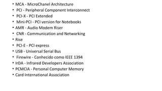 • MCA - MicroChanel Architecture
• PCI - Peripheral Component Interconnect
• PCI-X - PCI Extended
• Mini-PCI - PCI version for Notebooks
• AMR - Audio Modem Riser
• CNR - Communication and Networking
• Rise
• PCI-E - PCI express
• USB - Universal Serial Bus
• Firewire - Conhecido como IEEE 1394
• IrDA - Infrared Developers Association
• PCMCIA - Personal Computer Memory
• Card International Association
 