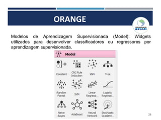 28
ORANGE
Modelos de Aprendizagem Supervisionada (Model): Widgets
utilizados para desenvolver classificadores ou regressores por
aprendizagem supervisionada.
 