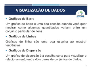 VISUALIZAÇÃO DE DADOS
8
 Gráficos de Barra
Um gráfico de barra é uma boa escolha quando você quer
mostrar como algumas quantidades variam entre um
conjunto particular de itens
 Gráficos de Linhas
Gráficos de linha são uma boa escolha ao mostrar
tendências
 Gráficos de Dispersão
Um gráfico de dispersão é a escolha certa para visualizar o
relacionamento entre dois pares de conjuntos de dados.
 