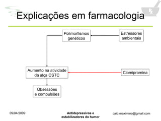 Explicações em farmacologia Aumento na atividade da alça CSTC Polimorfismos genéticos Estressores ambientais Obsessões e compulsões Clomipramina 