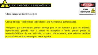 RISCO BIOLÓGICO E ERGONÔMICO
Classificação de risco biológico
Classe de risco 4 (alto risco individual e alto risco para a comunidade).
Patógenos que apresentam grande ameaça para o ser humano e para os animais,
representando grande risco a quem os manipula e tendo grande poder de
transmissibilidade de um indivíduo a outro. Normalmente, não existem medidas
preventivas e de tratamento para esses agentes.
 