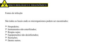 RISCO BIOLÓGICO E ERGONÔMICO
Fontes de infecção
São todos os locais onde os microrganismos podem ser encontrados:
 Hospedeiro;
 Instrumentos não esterilizados;
 Roupas sujas;
 Equipamentos não desinfectados;
 Secreções;
 Dentre outros.
 