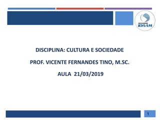 DISCIPLINA: CULTURA E SOCIEDADE
INICIO
PROF. VICENTE FERNANDES TINO, M.SC.
AULA 21/03/2019
1
 