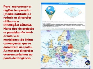 Para representar as
regiões temperadas
(médias latitudes) e
reduzir as distorções
utiliza-se a
PROJEÇÃO CÔNICA.
Neste tipo de projeção
os paralelos são semi-
círculos e os
meridianos são linhas
convergentes que se
encontram nos polos.
As menores distorções
ocorrem próximas ao
ponto de tangência.
 