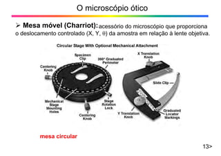 O microscópio ótico
13>
¾ Mesa móvel (Charriot):acessório do microscópio que proporciona
o deslocamento controlado (X, Y, θ) da amostra em relação à lente objetiva.
mesa circular
 