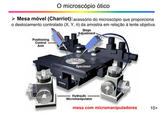O microscópio ótico
15>
¾ Mesa móvel (Charriot):acessório do microscópio que proporciona
o deslocamento controlado (X, Y, θ) da amostra em relação à lente objetiva.
mesa com micromanipuladores
 