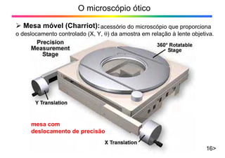 O microscópio ótico
16>
¾ Mesa móvel (Charriot):acessório do microscópio que proporciona
o deslocamento controlado (X, Y, θ) da amostra em relação à lente objetiva.
mesa com
deslocamento de precisão
 