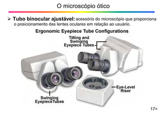 O microscópio ótico
17>
¾ Tubo binocular ajustável:acessório do microscópio que proporciona
o posicionamento das lentes oculares em relação ao usuário.
 