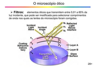 O microscópio ótico
28>
¾ Filtros: elementos óticos que transmitem entre 0,01 a 85% da
luz incidente, que pode ser modificada para selecionar comprimentos
de onda nos quais as lentes do microscópio foram corrigidas.
 