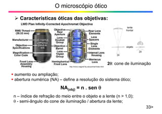 O microscópio ótico
¾ Características óticas das objetivas:
33>
ƒ aumento ou ampliação;
ƒ abertura numérica (NA) – define a resolução do sistema ótico;
http://micro.magnet.fsu.edu/primer/index.html
2θ: cone de iluminação
NA(obj) = n . sen θ
n – índice de refração do meio entre o objeto e a lente (n > 1,0);
θ - semi-ângulo do cone de iluminação / abertura da lente;
 