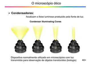 O microscópio ótico
¾ Condensadores:
40>
focalizam o feixe luminoso produzido pela fonte de luz.
Dispositivo normalmente utilizado em microscópios com luz
transmitida para observação de objetos translúcidos (biologia)
 