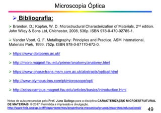 Notas de aula preparadas pelo Prof. Juno Gallego para a disciplina CARACTERIZAÇÃO MICROESTRUTURAL
DE MATERIAIS. ® 2017. Permitida a impressão e divulgação.
http://www.feis.unesp.br/#!/departamentos/engenharia-mecanica/grupos/maprotec/educacional/
Microscopia Óptica
49
¾ Brandon, D.; Kaplan, W. D. Microstructural Characterization of Materials, 2nd edition.
John Wiley & Sons Ltd, Chichester, 2008, 536p. ISBN 978-0-470-02785-1.
¾ Vander Voort, G. F. Metallography: Principles and Practice. ASM International,
Materials Park, 1999, 752p. ISBN 978-0-87170-672-0.
¾ https://www.doitpoms.ac.uk/
¾ http://micro.magnet.fsu.edu/primer/anatomy/anatomy.html
¾ https://www.phase-trans.msm.cam.ac.uk/abstracts/optical.html
¾ http://www.olympus-ims.com/pt/microscope/opt/
¾ http://zeiss-campus.magnet.fsu.edu/articles/basics/introduction.html
¾ Bibliografia:
 