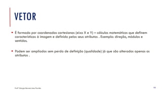 VETOR
Profª Giorgia Barreto Lima Parrião 11
▪ É formado por coordenadas cartesianas (eixo X e Y) – cálculos matemáticos que definem
características à imagem e definido pelos seus atributos . Exemplo: direção, módulos e
sentidos.
▪ Podem ser ampliados sem perda de definição (qualidade) já que são alterados apenas os
atributos .
 