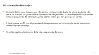 EPS - Encapsulated PostScript :
▪ Formato digital para imagens que não contem representação direta de pixels, portanto, não
pode ser lido por programas de manipulação de imagens como o Photoshop (embora possa ser
lido por programas de editoração), mas apenas criado por eles para gerar saídas.
▪ É basicamente um PS com algumas restrições que ajudam na incorporação deste formato em
outros arquivos PostScript.
▪ Permitem redimensionamento, distorção e separação de cores.
Profª Giorgia Barreto Lima Parrião 13
 