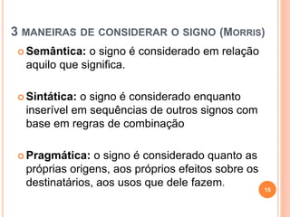 3 MANEIRAS DE CONSIDERAR O SIGNO (MORRIS)
 Semântica: o signo é considerado em relação
aquilo que significa.
 Sintática: o signo é considerado enquanto
inserível em sequências de outros signos com
base em regras de combinação
 Pragmática: o signo é considerado quanto as
próprias origens, aos próprios efeitos sobre os
destinatários, aos usos que dele fazem.
15
 
