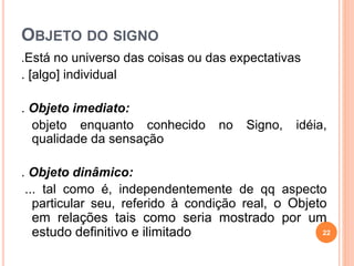 OBJETO DO SIGNO
.Está no universo das coisas ou das expectativas
. [algo] individual
. Objeto imediato:
objeto enquanto conhecido no Signo, idéia,
qualidade da sensação
. Objeto dinâmico:
... tal como é, independentemente de qq aspecto
particular seu, referido à condição real, o Objeto
em relações tais como seria mostrado por um
estudo definitivo e ilimitado 22
 