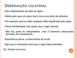 OBSERVAÇÃO COLATERAL
. Fato independente da ação do signo.
. Hábito pelo qual um signo traz à tona uma série de atributos.
. Pré-requisito para se obter qualquer idéia significada pelo signo.
. Prévia familiaridade com aquilo que o signo denota.
. Não faz parte do Interpretante, mas é elemento relacionado
formador do Interpretante.
. Experiência prévia; conhecimento de fundo.
. Algo que é necessário para que o signo seja entendido.
Ex. Hamlet era louco. 28
 