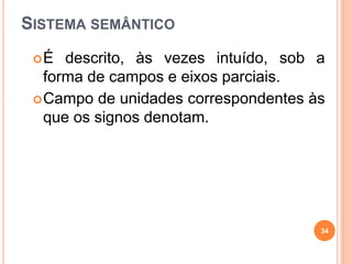 SISTEMA SEMÂNTICO
É descrito, às vezes intuído, sob a
forma de campos e eixos parciais.
Campo de unidades correspondentes às
que os signos denotam.
34
 