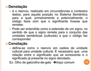  Denotação
 é o reenvio, realizado em circunstâncias e contextos
dados, para aquela posição no Sistema Semântico
para a qual, primeiramente e potencialmente, o
código fazia com que o significante tivesse que
remeter.
 Pode ser entendida como a extensão de um signo, no
sentido de que o signo remete para o conjunto das
unidades semânticas (culturais) a que o código faz
corresponder.
 Conotação
 define-se como o reenvio em cadeia de unidade
cultural para unidade cultural. É necessário que uma
relação entre o significado que se acrescenta e o
significado já presente no signo denotado.
Ex. Olho de gato/olho-de-gato traço comum 35
 