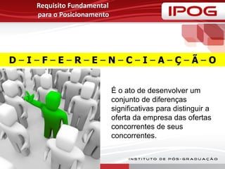 Requisito Fundamental
para o Posicionamento
D – I – F – E – R – E – N – C – I – A – Ç – Ã – O
É o ato de desenvolver um
conjunto de diferenças
significativas para distinguir a
oferta da empresa das ofertas
concorrentes de seus
concorrentes.
 