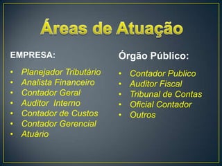 EMPRESA:                    Órgão Público:
•   Planejador Tributário   •   Contador Publico
•   Analista Financeiro     •   Auditor Fiscal
•   Contador Geral          •   Tribunal de Contas
•   Auditor Interno         •   Oficial Contador
•   Contador de Custos      •   Outros
•   Contador Gerencial
•   Atuário
 
