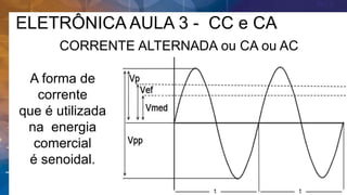 ELETRÔNICA AULA 3 - CC e CA
CORRENTE ALTERNADA ou CA ou AC
A forma de
corrente
que é utilizada
na energia
comercial
é senoidal.
 