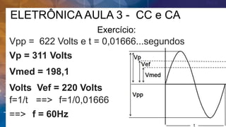 ELETRÔNICA AULA 3 - CC e CA
Exercício:
Vpp = 622 Volts e t = 0,01666...segundos
Vp = 311 Volts
Vmed = 198,1
Volts Vef = 220 Volts
f=1/t
f = 60Hz
==> f=1/0,01666
==>
 