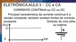 ELETRÔNICA AULA 3 - CC e CA
CORRENTE CONTÍNUA ou CC ou DC
Principal característica da corrente contínua é a
tensão constante, também existem fontes de corrente
constante. Simbolo de uma pilha
V(v) ou bateria:
5
0 t(s)
 