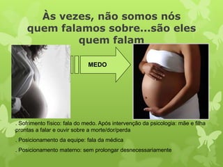 Às vezes, não somos nós
quem falamos sobre...são eles
quem falam
MEDO
. Sofrimento físico: fala do medo. Após intervenção da psicologia: mãe e filha
prontas a falar e ouvir sobre a morte/dor/perda
. Posicionamento da equipe: fala da médica
. Posicionamento materno: sem prolongar desnecessariamente
 