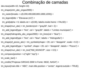 dev.new(width=10, height=10)
tm_shape(srtm_abc_sirgas2000) +
tm_raster(breaks = c(0,200,400,600,800,1000,1200)) +
tm_legend(title = "Elevacao (m)") +
tm_grid(alpha = 0, labels.rot = c(0,90), labels.inside.frame = FALSE) +
tm_shape(mun_abc) + tm_borders(col = "gray30", lwd = 2) +
tm_add_legend(type = "line", col = "gray30", labels = "Limites municipais") +
tm_shape(hidrografia_abc_sirgas2000) + tm_lines(col = "blue") +
tm_add_legend(type = "line", col = "blue", labels = "Hidrografia") +
tm_shape(sf_pocos_abc) + tm_symbols(shape = 20, col = "deeppink", scale = 0.2) +
tm_add_legend(type = "symbol", shape = 20, col = "deeppink", labels = "Pocos") +
tm_shape(mun_abc) + tm_text("NM_MUNICIP", size = 0.5) +
tm_compass(position = c("right","top")) +
tm_scale_bar() +
tm_credits("Projecao SIRGAS 2000 n Fonte: IBGE, NASA") +
tm_layout(main.title = "ABC", main.title.position = "center", legend.outside = TRUE)
Combinação de camadas
 