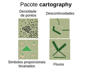 Pacote cartography
Densidade
de pontos
Descontinuidades
Fluxos
Símbolos proporcionais
bivariados
 