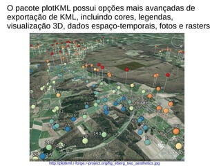 O pacote plotKML possui opções mais avançadas de
exportação de KML, incluindo cores, legendas,
visualização 3D, dados espaço-temporais, fotos e rasters
http://plotkml.r-forge.r-project.org/fig_eberg_two_aesthetics.jpg
 