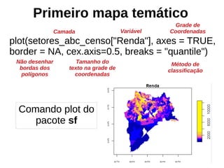 plot(setores_abc_censo["Renda"], axes = TRUE,
border = NA, cex.axis=0.5, breaks = "quantile")
Primeiro mapa temático
Camada
Tamanho do
texto na grade de
coordenadas
Grade de
CoordenadasVariável
Não desenhar
bordas dos
polígonos
Método de
classificação
Comando plot do
pacote sf
 