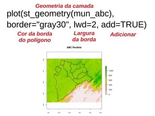 plot(st_geometry(mun_abc),
border="gray30", lwd=2, add=TRUE)
Geometria da camada
Cor da borda
do polígono
AdicionarLargura
da borda
 