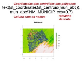 text(st_coordinates(st_centroid(mun_abc)),
mun_abc$NM_MUNICIP, cex=0.7)
Coordenadas dos centróides dos polígonos
Coluna com os nomes Tamanho
da fonte
 