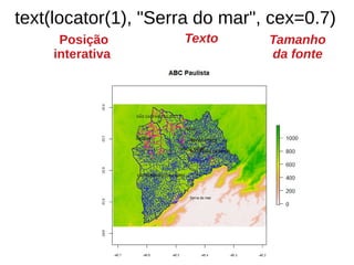text(locator(1), "Serra do mar", cex=0.7)
Posição
interativa
Tamanho
da fonte
Texto
 