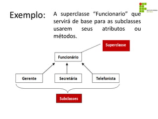 Exemplo: A superclasse “Funcionario” que
servirá de base para as subclasses
usarem seus atributos ou
métodos.
 