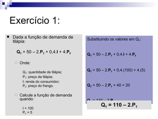 Exercício 1:
   Dada a função de demanda de        Substituindo os valores em QT:
    tilápia:

     QT = 50 – 2.PT + 0,4.I + 4.PF
                                       QT = 50 – 2.PT + 0,4.I + 4.PF

        Onde:

          QT: quantidade de tilápia;
                                       QT = 50 – 2.PT + 0,4.(100) + 4.(5)
          PT: preço da tilápia;
          I: renda do consumidor;
          PF: preço do frango.         QT = 50 – 2.PT + 40 + 20

        Calcule a função de demanda
         quando:                       QT = 110 – 2.PT
                                               QT = 110 – 2.PT
          I = 100
          PF = 5
 