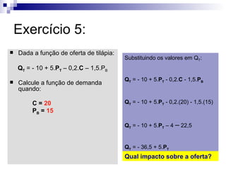 Exercício 5:
   Dada a função de oferta de tilápia:
                                          Substituindo os valores em QT:
    QT = - 10 + 5.PT – 0,2.C – 1,5.PB
                                          QT = - 10 + 5.PT - 0,2.C - 1,5.PB
   Calcule a função de demanda
    quando:

         C = 20                           QT = - 10 + 5.PT - 0,2.(20) - 1,5.(15)
         PB = 15

                                          QT = - 10 + 5.PT – 4 – 22,5


                                          QT = - 36,5 + 5.PT
                                          Qual impacto sobre a oferta?
 