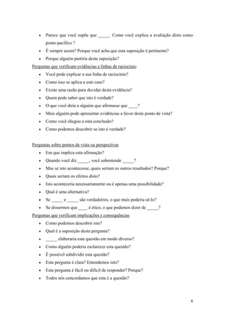 •   Parece que você supõe que _____. Como você explica a avaliação disto como
       ponto pacífico ?
   •   É sempre assim? Porque você acha que esta suposição é pertinente?
   •   Porque alguém partiria desta suposição?
Perguntas que verificam evidências e linhas de raciocínio
   •   Você pode explicar a sua linha de raciocínio?
   •   Como isso se aplica a este caso?
   •   Existe uma razão para duvidar desta evidência?
   •   Quem pode saber que isto é verdade?
   •   O que você diria a alguém que afirmasse que ____?
   •   Mais alguém pode apresentar evidências a favor deste ponto de vista?
   •   Como você chegou a esta conclusão?
   •   Como podemos descobrir se isto é verdade?


Perguntas sobre pontos de vista ou perspectivas
   •   Em que implica esta afirmação?
   •   Quando você diz _____, você subentende _____?
   •   Mas se isto acontecesse, quais seriam os outros resultados? Porque?
   •   Quais seriam os efeitos disto?
   •   Isto aconteceria necessariamente ou é apenas uma possibilidade?
   •   Qual é uma alternativa?
   •   Se _____ e _____ são verdadeiros, o que mais poderia sê-lo?
   •   Se dissermos que ____ é ético, o que podemos dizer de _____?
Perguntas que verificam implicações e consequências
   •   Como podemos descobrir isto?
   •   Qual é a suposição desta pergunta?
   •   _____ elaboraria esta questão em modo diverso?
   •   Como alguém poderia esclarecer esta questão?
   •   É possível subdividir esta questão?
   •   Esta pergunta é clara? Entendemos isto?
   •   Esta pergunta é fácil ou difícil de responder? Porque?
   •   Todos nós concordamos que esta é a questão?




                                                                               8
 