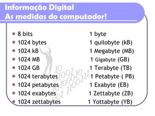 Informação Digital As medidas do computador! 8 bits  1 byte 1024 bytes 1 quilobyte (kB) 1024 kB 1 Megabyte (MB) 1024 MB   1  Gigabyte  (GB) 1024 GB 1 Terabyte (TB) 1024 terabytes  1 Petabyte ( PB) 1024 petabytes  1 Exabyte (EB)  1024 exabytes  1 Zettabyte (ZB)  1024 zettabytes  1 Yottabyte (YB)  