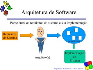 Arquitetura de Software
     Ponte entre os requisitos do sistema e sua implementação


Requisitos
do Sistema
                                                       Arquitetura



                                                   Implementação
                      Arquiteto(s)                      do
                                                      Sistema

                                     Arquitetura de Software – Thaís Batista
 
