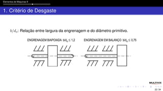 Elementos de Máquinas II
1. Critério de Desgaste
b/do: Relação entre largura da engrenagem e do diâmetro primitivo.
22 / 34
 