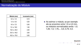 Elementos de Máquinas II
Normalização do Módulo
Ao estimar o módulo, se por exemplo
ele se encontrar entre 1,0 e 4,0 mm,
os módulos normalizados serão: 1,0;
1,25; 1,5; 1,75;... 3,5; 3,75; 4,0.
23 / 34
 