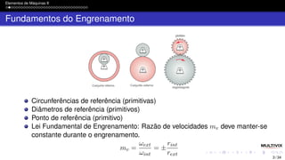 Elementos de Máquinas II
Fundamentos do Engrenamento
Circunferências de referência (primitivas)
Diâmetros de referência (primitivos)
Ponto de referência (primitivo)
Lei Fundamental de Engrenamento: Razão de velocidades mv deve manter-se
constante durante o engrenamento.
mv =
ωext
ωint
= ±
rint
rext
3 / 34
 